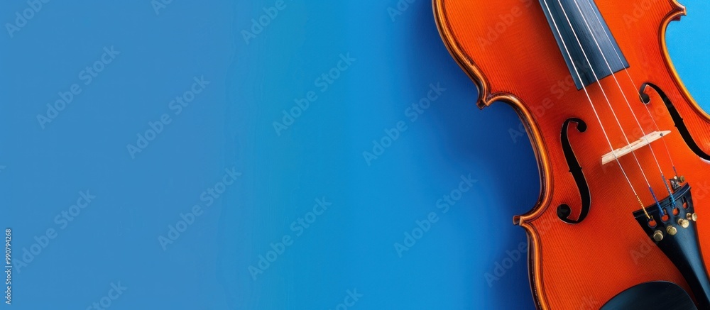 beautiful violin detail on rustic wooden, blue background beautiful violin detail on rustic wooden, blue background
