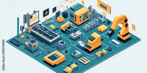 A 3D isometric illustration of a factory with a robot arm, conveyor belt, and various machines, all connected by cables and wires.