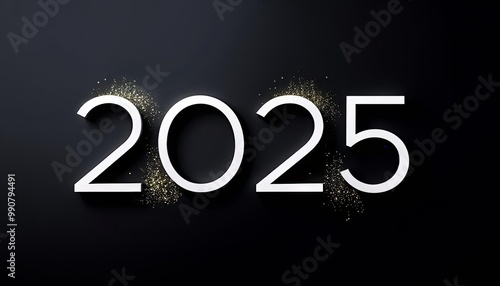 Bold 2025 text with sparkles on dark background, futuristic design, New Year's celebration