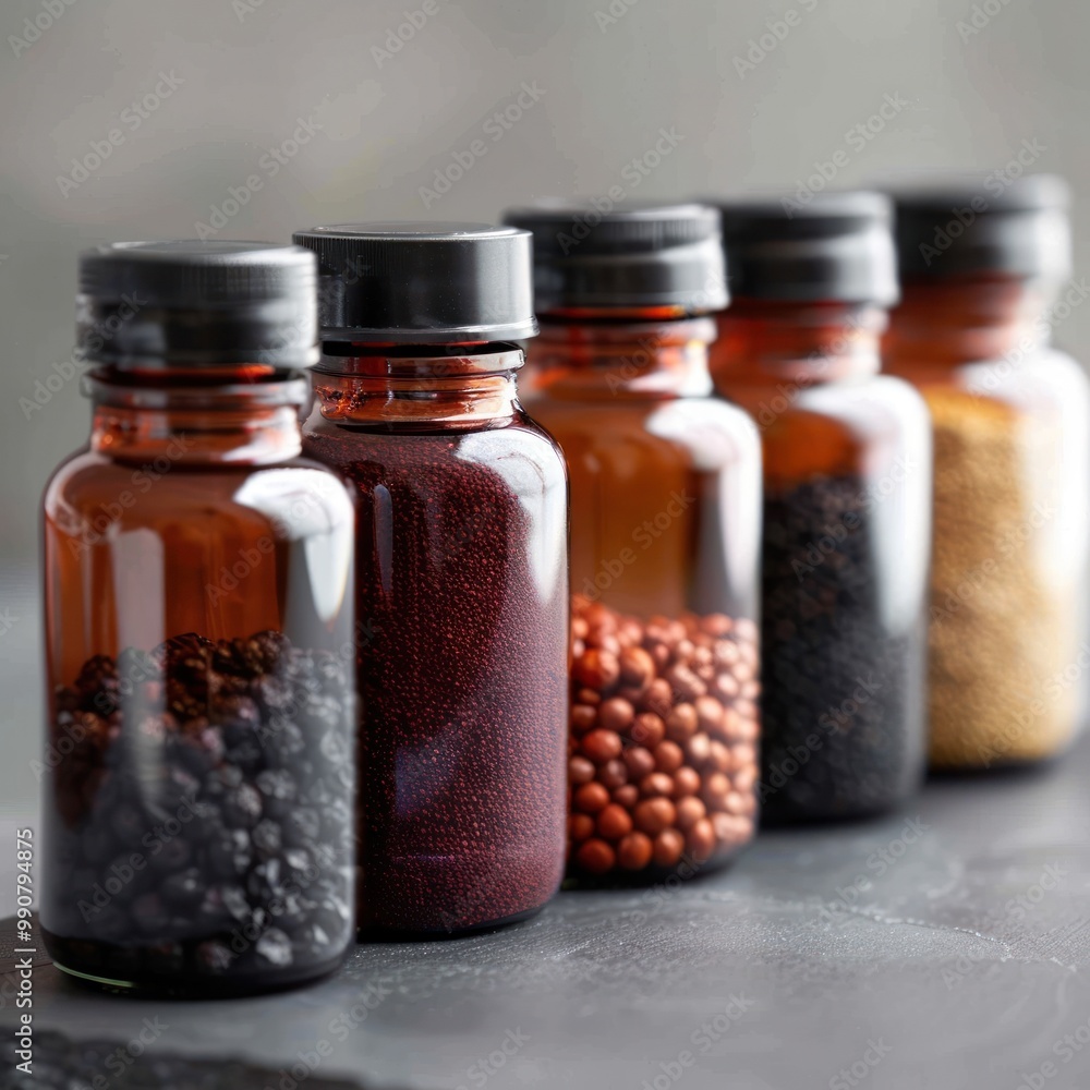 Shelf with various superfood extracts in dark bottles. Shelf with various superfood extracts in dark bottles.