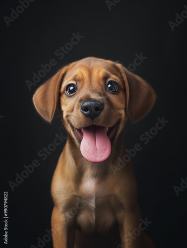 Adorable brown puppy sitting against a dark background, looking cheerful with its tongue out and bright, expressive eyes.