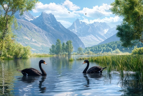 Two black swans swimming on a peaceful mountain lake with trees and rocky peaks in the background, AI Generation