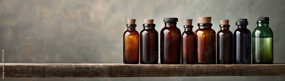 Shelf with various mineral extracts in dark bottles. Shelf with various mineral extracts in dark bottles.