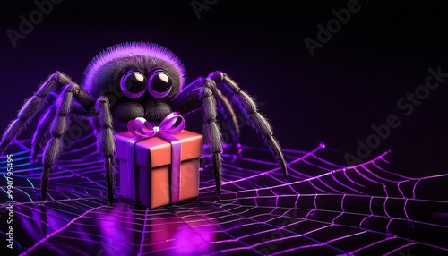 Cute spider with a gift box on black background  photo