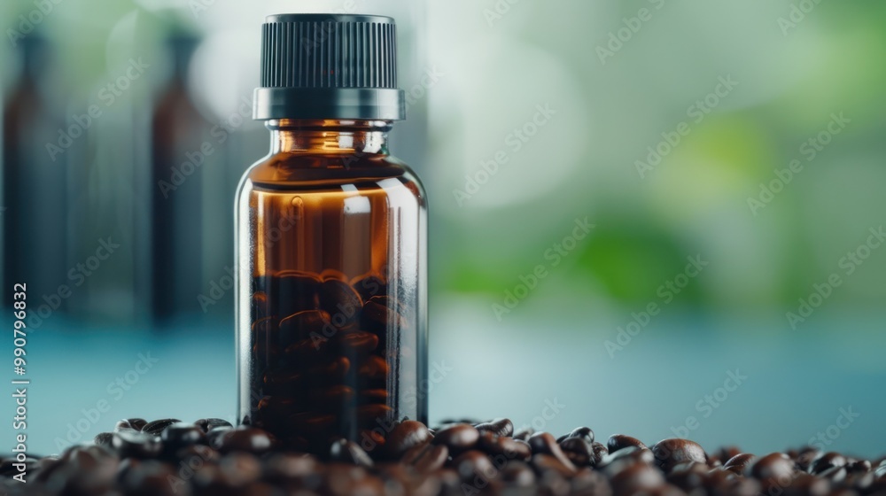 Closeup of a bottle of coffee extract. Closeup of a bottle of coffee extract.