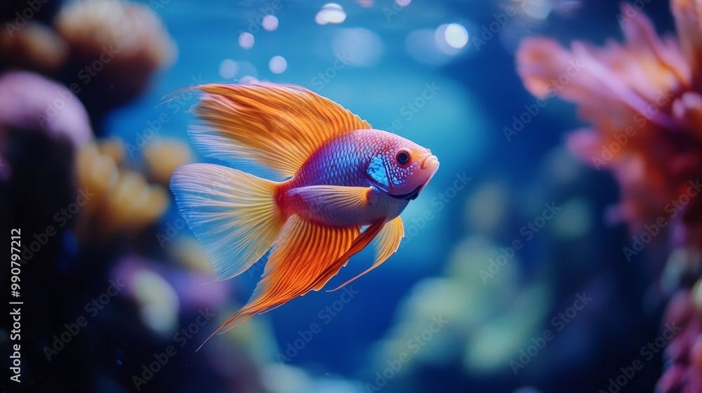 A colorful fish swims in a tank with other fish A colorful fish swims in a tank with other fish