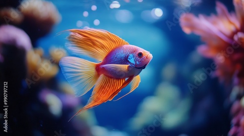 A colorful fish swims in a tank with other fish