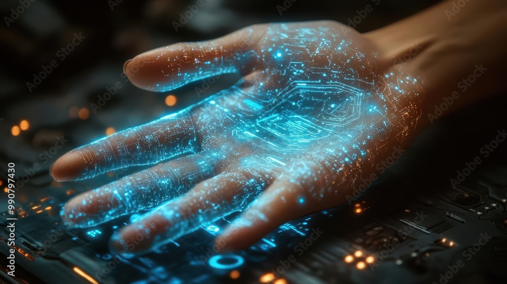 futuristic human hand interacting with holographic interface glowing blue circuit patterns and abstract data visualizations represent ai iot and cybersecurity concepts futuristic human hand interacting with holographic interface glowing blue circuit patterns and abstract data visualizations represent ai iot and cybersecurity concepts
