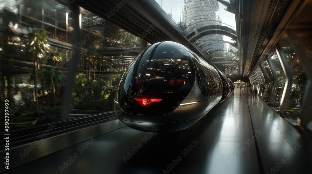 A high-speed train zooms through a futuristic station, with sleek design and advanced technology reflecting the future of transportation and urban mobility. A high-speed train zooms through a futuristic station, with sleek design and advanced technology reflecting the future of transportation and urban mobility.