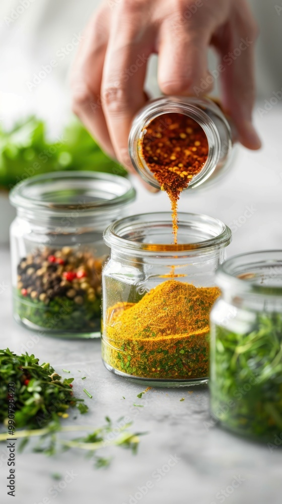 Person making spice extracts in a home kitchen. Person making spice extracts in a home kitchen.