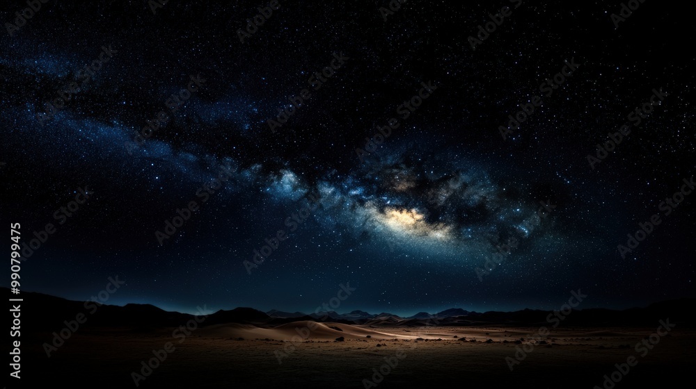 Fototapeta premium The Milky Way Galaxy casts a mesmerizing star-filled night sky over rolling sand dunes in the desert, creating a breathtaking view of the cosmos and vastness of space.