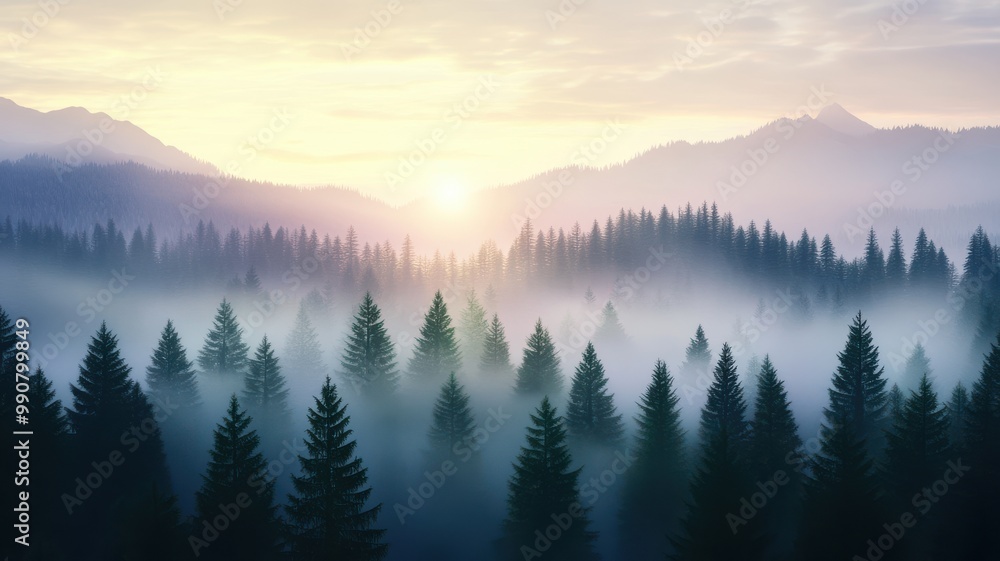 Misty Sunrise Over Forest Landscape Misty Sunrise Over Forest Landscape