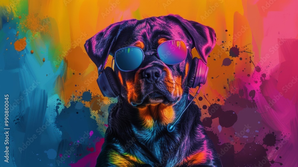 Abstract rottweiler dog wearing headphones and sunglasses against a ...