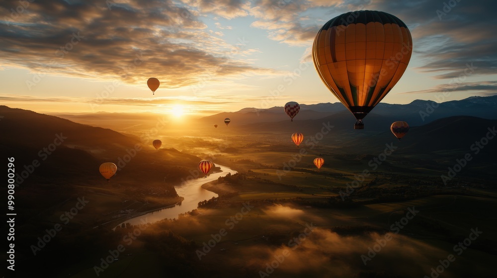 Naklejka premium A captivating sight at sunrise featuring numerous hot air balloons gliding over a river valley, illustrating the peacefulness and beauty of early morning vistas.