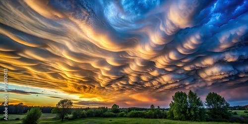 Dramatic undulatus asperatus clouds create a stunning sky pattern at dusk, enveloping a tranquil landscape in a mesmerizing display of nature's artistry. photo