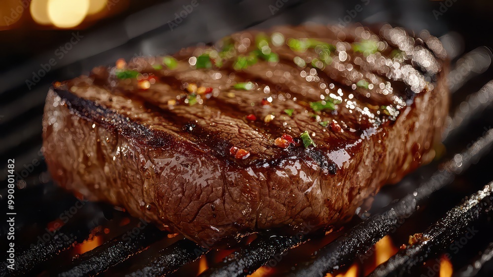 Juicy grilled steak with a perfectly seared crust and garnished with herbs, showcasing appetizing grill marks against a smoky background. Juicy grilled steak with a perfectly seared crust and garnished with herbs, showcasing appetizing grill marks against a smoky background.