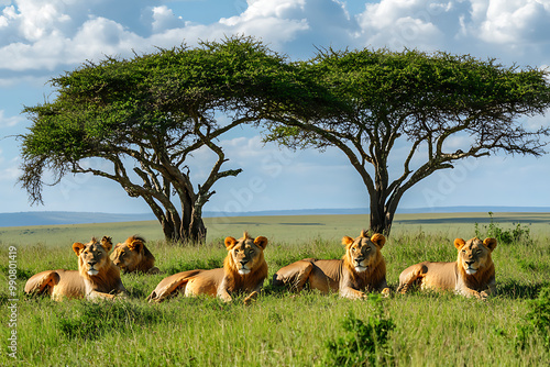 Majestic background with a pride of lions resting under the shade of acacia trees in the savanna photo