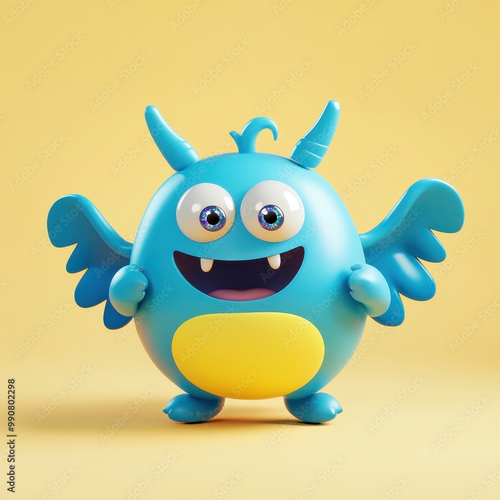 A cheerful blue monster character with wings and big eyes, set against a yellow background. A cheerful blue monster character with wings and big eyes, set against a yellow background.