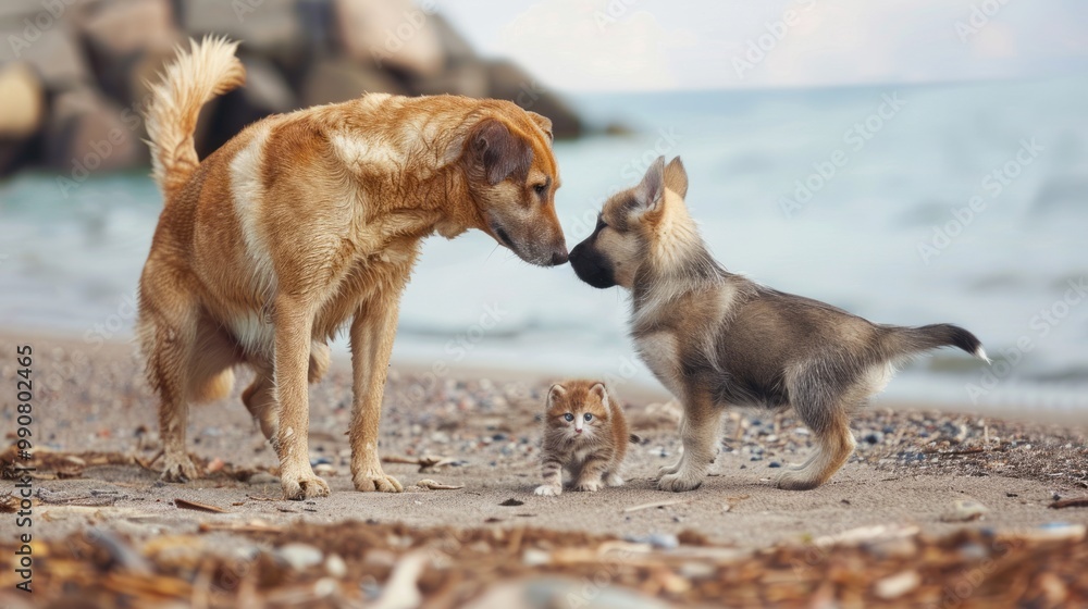 Naklejka premium Adorable baby cat and playful dog sniffing each other on a sunny beach, capturing a heartwarming moment of curiosity and friendship in a serene coastal setting, perfect for animal lovers and beach-