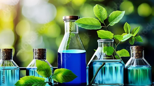 Natural blue liquid in glass bottles with fresh green leaves, representing herbal science, organic chemistry, and plant-based extraction.

 photo