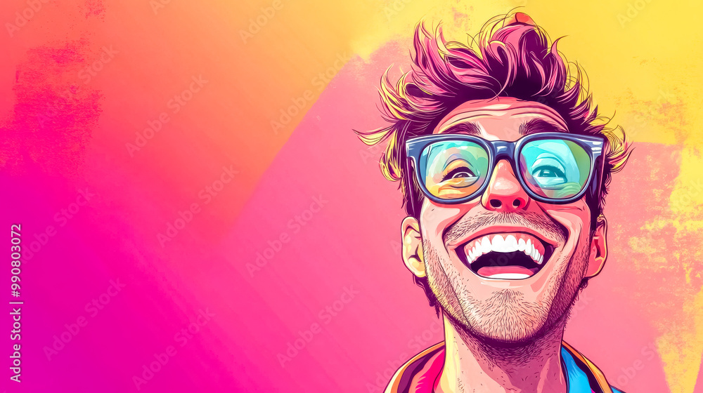 Young man wearing glasses is laughing with a colorful background Young man wearing glasses is laughing with a colorful background