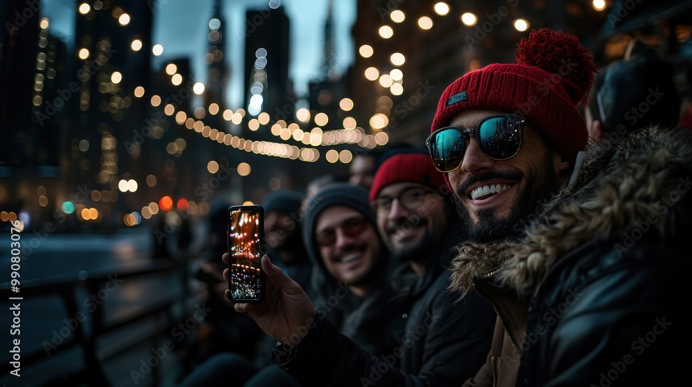 Night cityscape with prominent buildings, festive lights, and people enjoying their surroundings as one person captures the moment with a smartphone. Night cityscape with prominent buildings, festive lights, and people enjoying their surroundings as one person captures the moment with a smartphone.