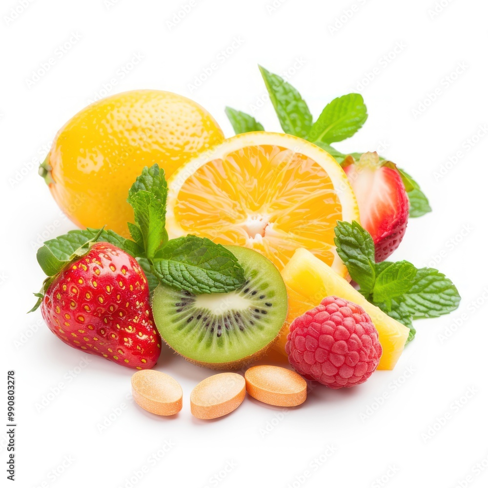 Vitamin extracts displayed with fresh fruits. Vitamin extracts displayed with fresh fruits.