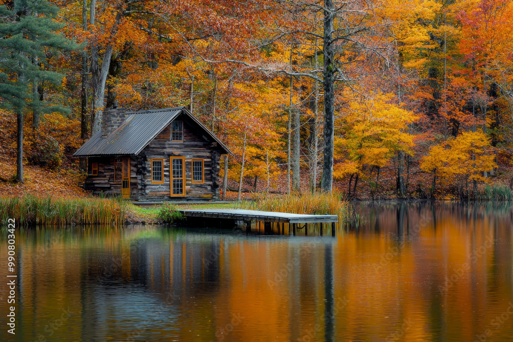 A serene wooden cabin by a tranquil lake surrounded by vibrant autumn foliage. A serene wooden cabin by a tranquil lake surrounded by vibrant autumn foliage.
