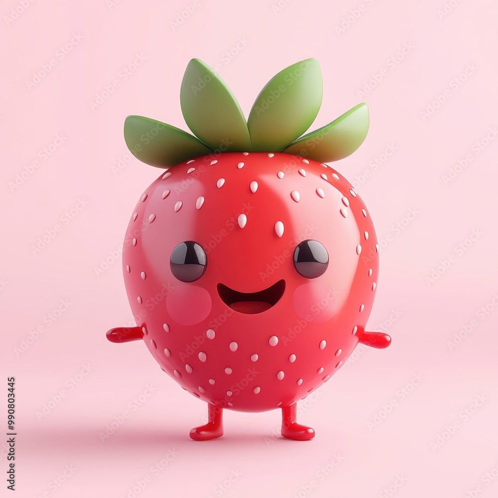 Fototapeta premium A cheerful cartoon strawberry character with a smiling face and green leaves.