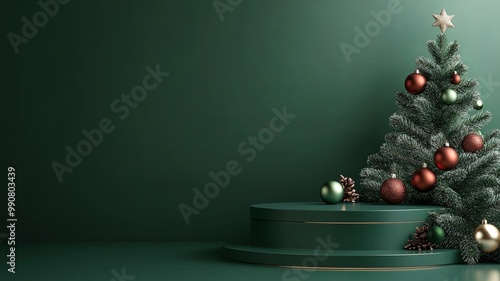 Festive Christmas scene podium for products showcase, promotional sale, minimalist green background --ar 16:9 --v 6.1 Job ID: 9ff6e49d-3a8f-4e28-a730-1552974a7633