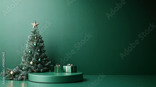 Festive Christmas scene podium for products showcase, promotional sale, minimalist green background --ar 16:9 --v 6.1 Job ID: 9ff6e49d-3a8f-4e28-a730-1552974a7633