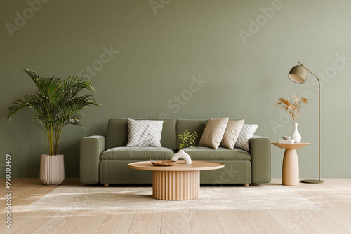 Modern living room with green sofa and décor items. 3d render.