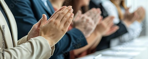 Hands of businesspeople clapping during a presentation, isolated on white background, copy space photo