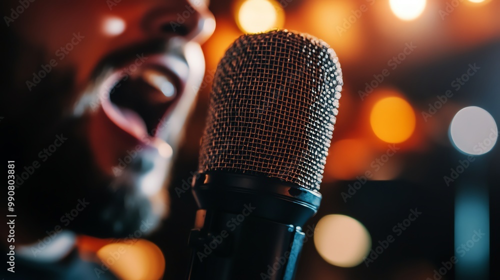 Close up of a microphone with a person singing into it. Close up of a microphone with a person singing into it.