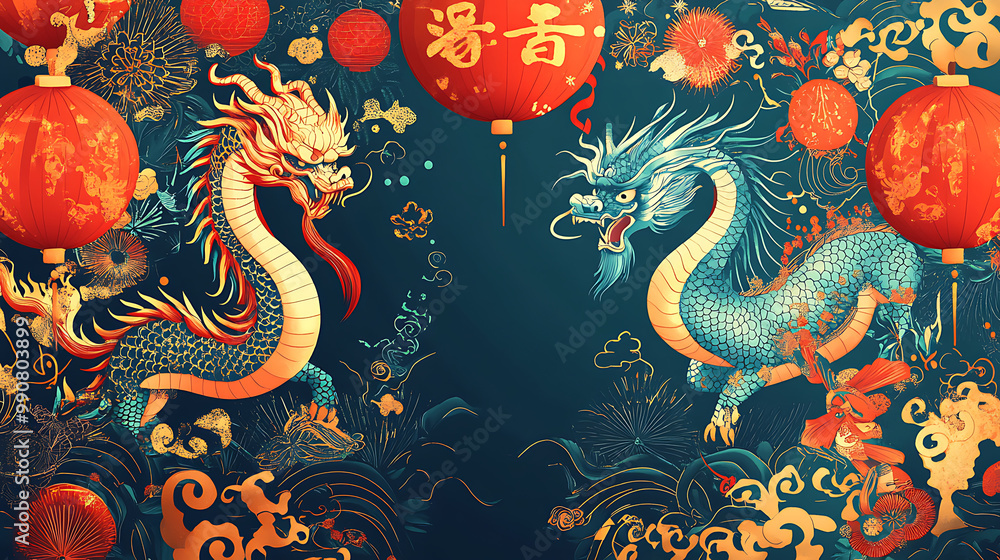 Charming Chinese zodiac background with artistic representations of zodiac animals and elements Charming Chinese zodiac background with artistic representations of zodiac animals and elements