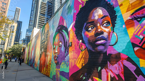 Black Lives Matter mural painted on a city street, with colours and a backdrop of urban buildings