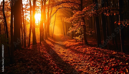 A narrow path through a dense autumn forest is bathed in warm, golden light.