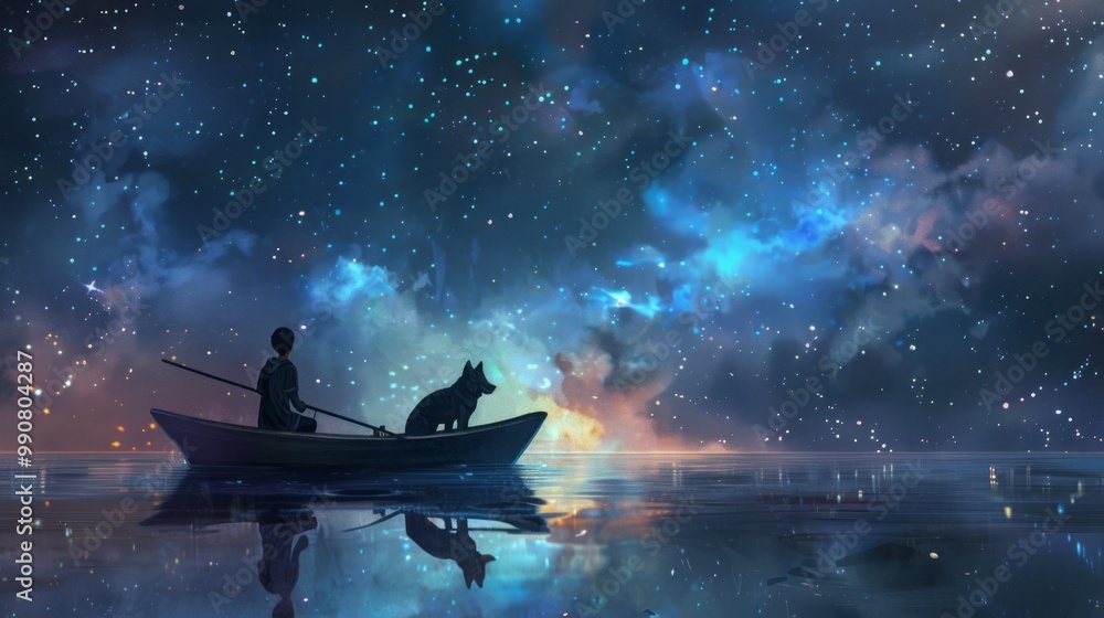 Magical nighttime scene of a boy rowing a boat with his wolf companion among the stars in a vast, dreamlike night sky – digital art illustration painting capturing a whimsical journey through the cosm Magical nighttime scene of a boy rowing a boat with his wolf companion among the stars in a vast, dreamlike night sky – digital art illustration painting capturing a whimsical journey through the cosm