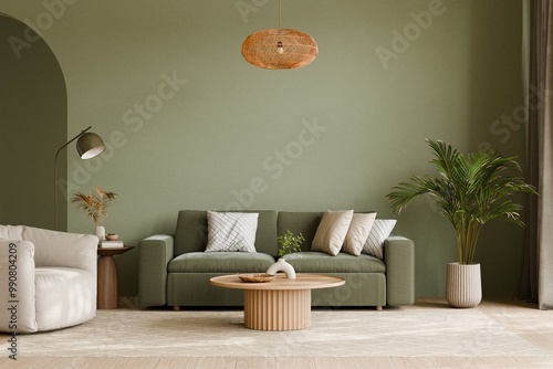Modern living room with olive-green accents decor. 3d render.