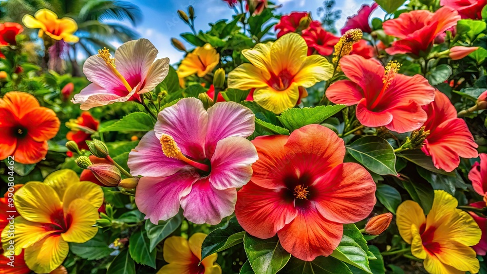 Hibiscus flowers burst into vibrant bloom, showcasing their stunning colors against a rich green backdrop, beautifully highlighting the magnificence of nature's artistry and charm. Hibiscus flowers burst into vibrant bloom, showcasing their stunning colors against a rich green backdrop, beautifully highlighting the magnificence of nature's artistry and charm.