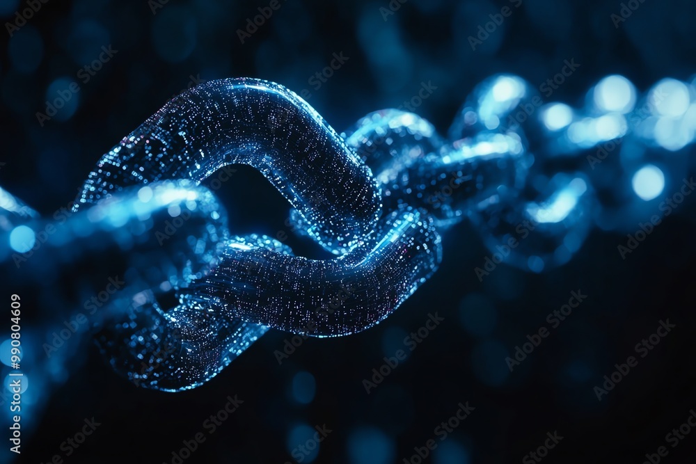 A close-up of a shiny blue chain, resembling a digital chain, made of particles and glowing with a soft light on a dark background. A close-up of a shiny blue chain, resembling a digital chain, made of particles and glowing with a soft light on a dark background.