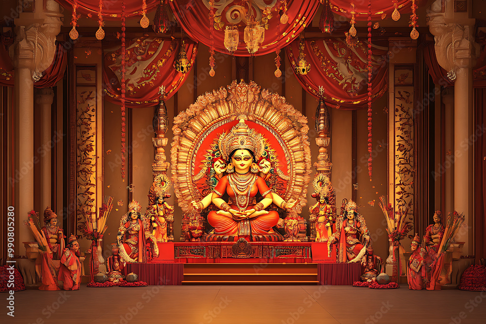 Glamorous Durga Puja background with elaborate Durga idols, traditional decorations, and scenes