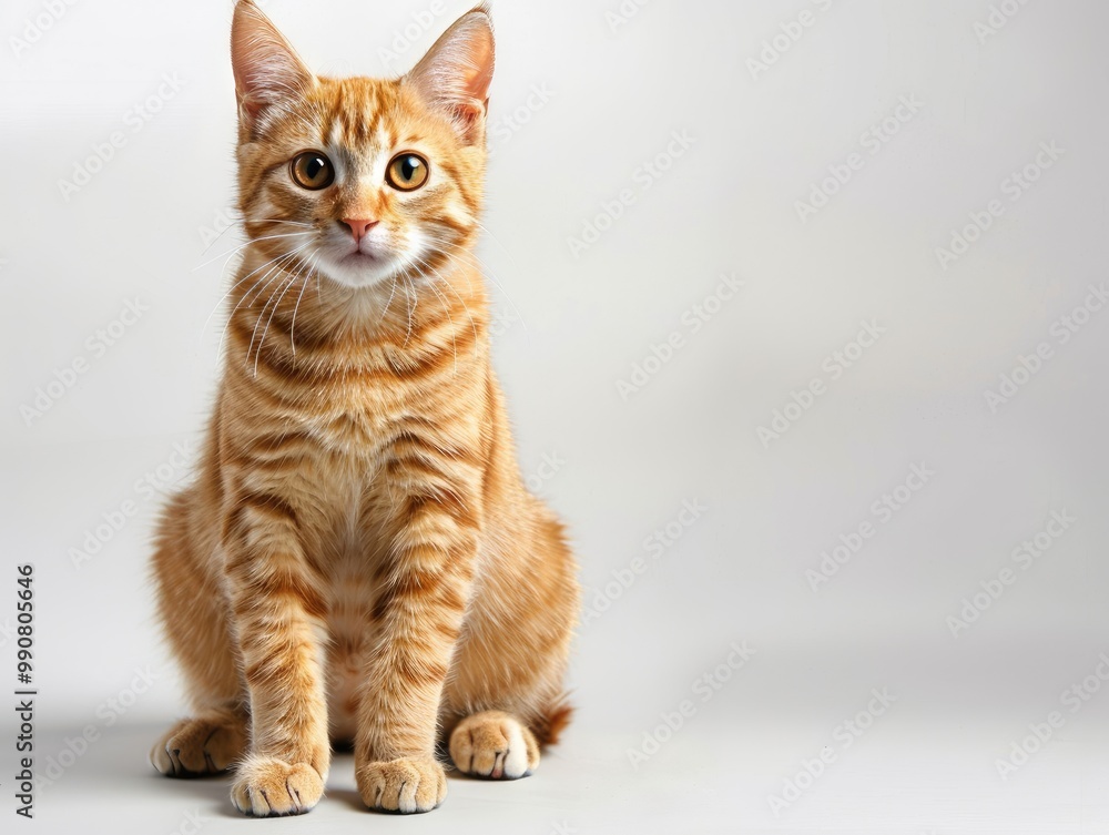 A cute orange tabby cat sits patiently against a light background, showcasing its bright eyes and playful demeanor. A cute orange tabby cat sits patiently against a light background, showcasing its bright eyes and playful demeanor.