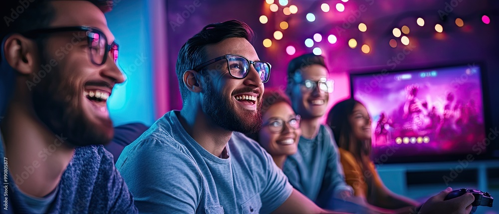 A group of friends enjoying a gaming session, illuminated by colorful lights, showcasing laughter and excitement in a cozy atmosphere. A group of friends enjoying a gaming session, illuminated by colorful lights, showcasing laughter and excitement in a cozy atmosphere.