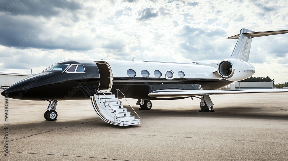 Fototapeta premium A private jet parked on the tarmac with a staircase.