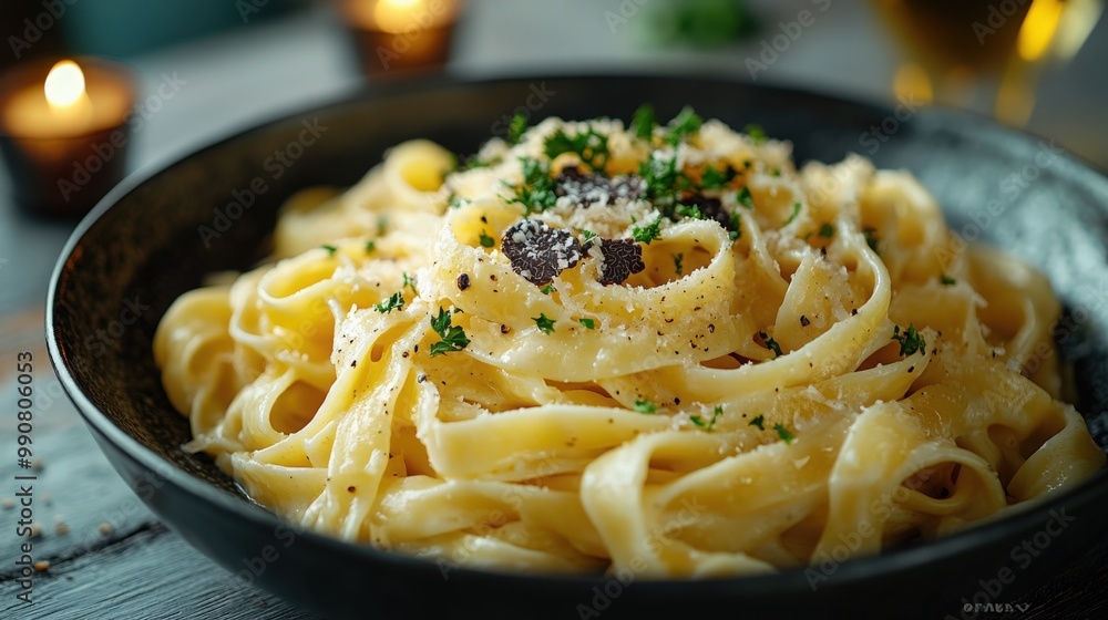 A close-up view of rich and creamy fettuccine served with herbs and spices A close-up view of rich and creamy fettuccine served with herbs and spices