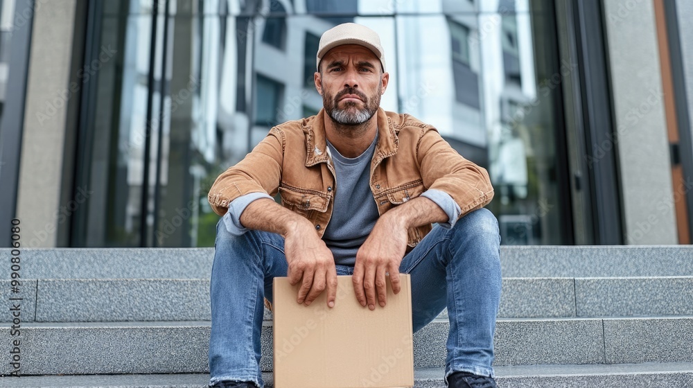 A man sits on stairs with a cardboard box, wearing casual clothing and a cap, looking contemplative against a modern building backdrop. A man sits on stairs with a cardboard box, wearing casual clothing and a cap, looking contemplative against a modern building backdrop.