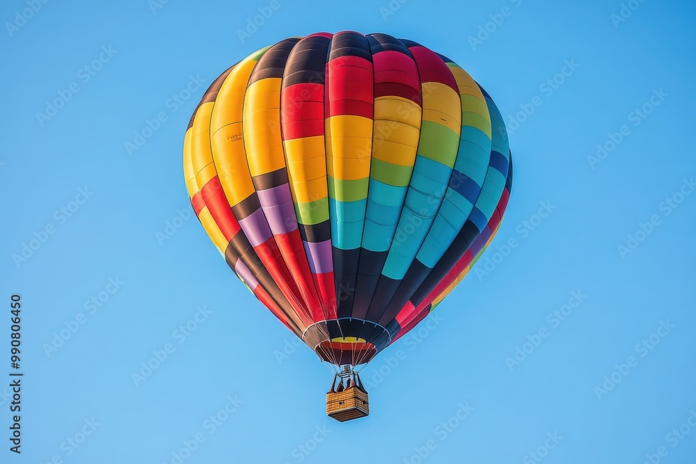 A vibrant hot air balloon soaring through a clear blue sky on a sunny day A vibrant hot air balloon soaring through a clear blue sky on a sunny day