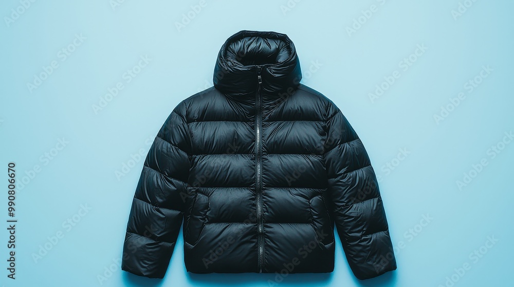 White and black puffer jackets on a light blue background, designed for winter warmth and comfort, thick material. White and black puffer jackets on a light blue background, designed for winter warmth and comfort, thick material.