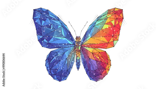 Abstract digital vivid butterfly isolated on white background. Vector illustration in polygons, lines and dots. Colorful low poly wireframe. High resolution